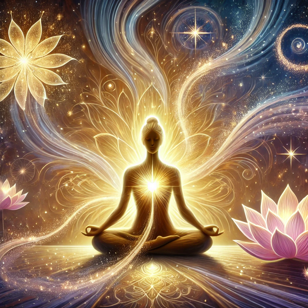 DALL·E 2024-12-14 18.06.51 - A serene and empowering illustration representing inner abundance, featuring a radiant figure seated in meditation with golden light emanating from th