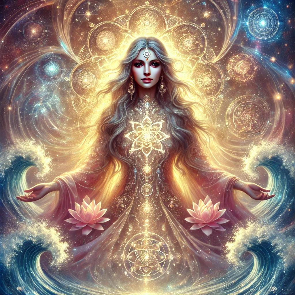 DALL·E 2025-03-24 00.22.53 - A mystical and radiant image of a sacred feminine figure representing Tara and the embodiment of Vaso energy. She stands with grace and strength amids